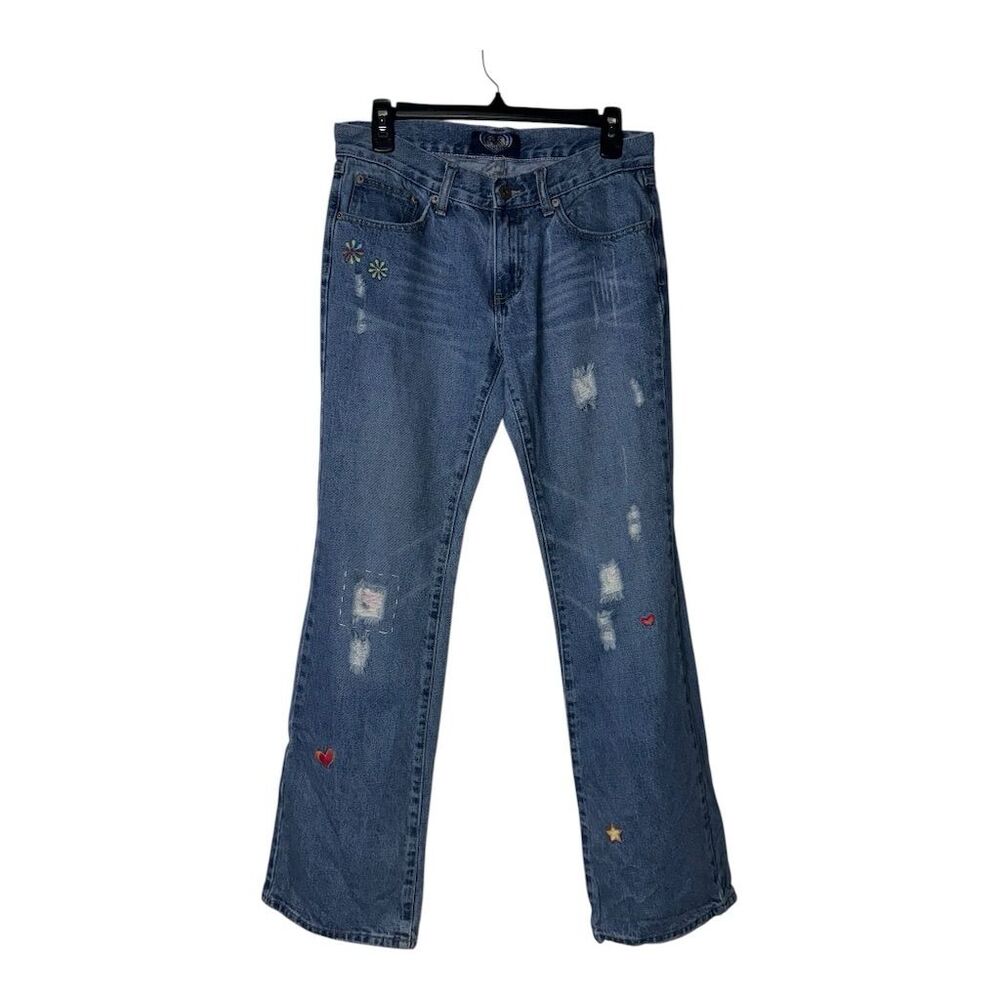 2026. Angel Women's Flare Jeans Size‎ 9 Blue Embroidered Distressed Vintage